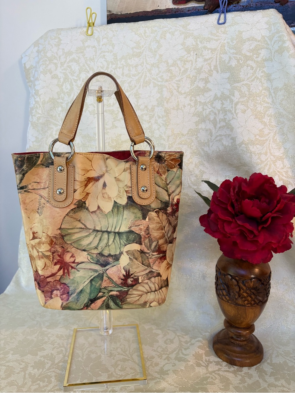Maurizio Taiuti Leather Tote Bag with Tan Handles - Elegant Floral Print